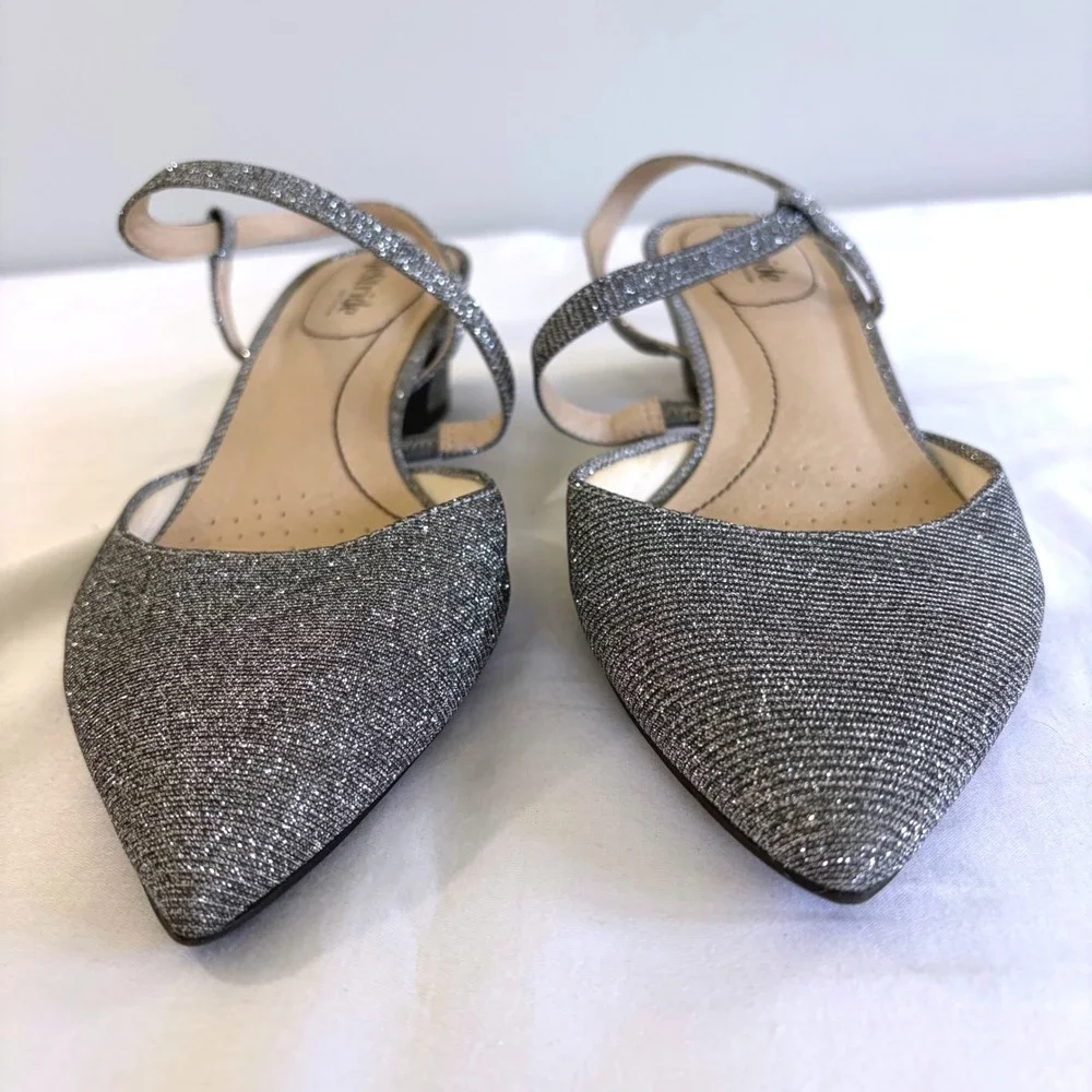 LifeStride Silver Glitter Slingback Block Heel Pointed Toe Shoes 9W Minimalist